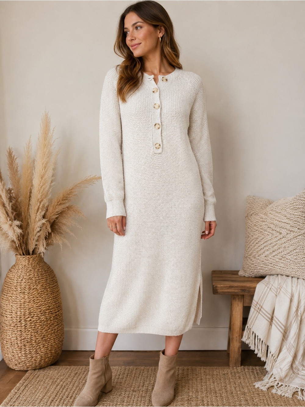 Universal Thread Waffle Knit Henley Midi Sweater Dress Cream Size S Quiet Luxury